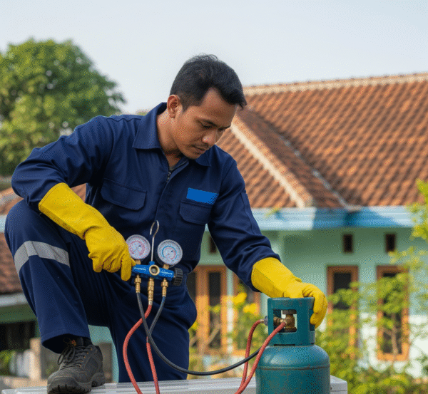 Teknisi AC sedang mengisi freon pada unit AC.