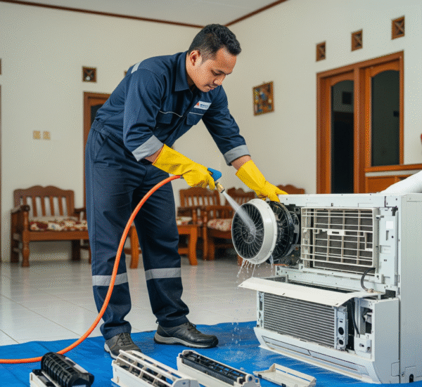 Teknisi AC sedang mencuci unit AC dengan profesional.