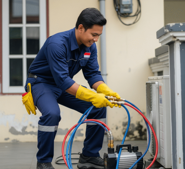 Teknisi AC tersenyum saat mengisi freon AC.