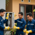 Teknisi AC bekerja bersama dalam pemasangan AC.