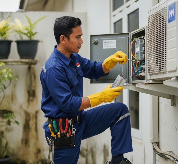 Teknisi AC memperbaiki kerusakan pada unit AC.