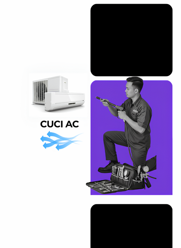 Teknisi AC sedang membersihkan AC dari kotoran dan debu yang menempel