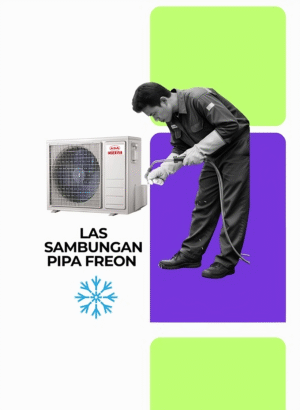 Pekerjaan las titik sambungan pipa freon AC untuk mengatasi kebocoran oleh teknisi AC terdekat.