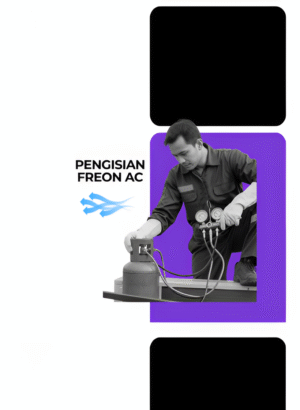 Pengisian freon AC dengan jenis R32, R410A, atau R22 sesuai kebutuhan unit.