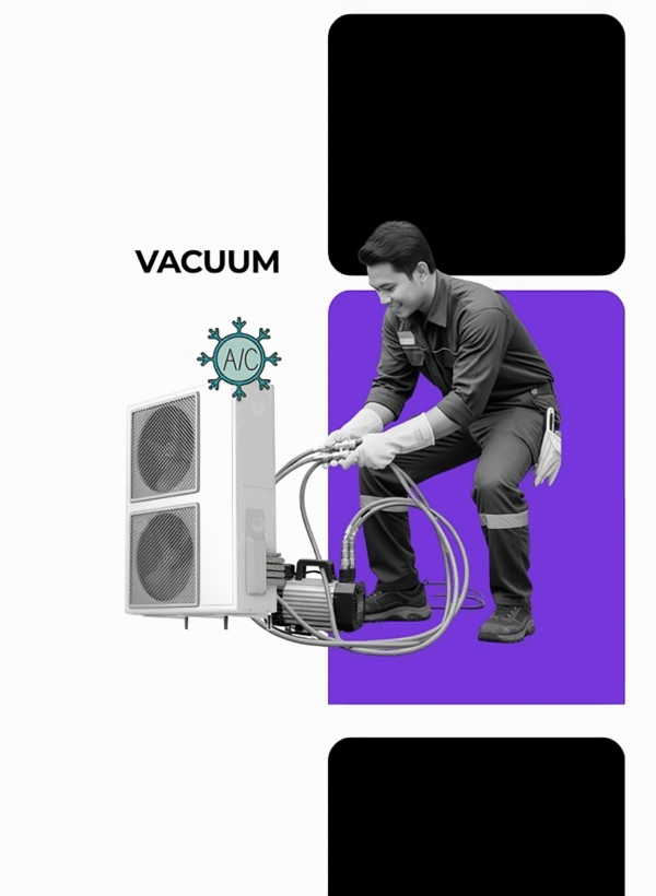 Teknisi sedang melakukan Vacuum AC untuk wilayah Bekasi