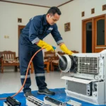 Teknisi AC sedang mencuci unit AC dengan profesional.