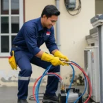 Teknisi AC tersenyum saat mengisi freon AC.