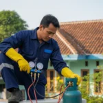 Teknisi AC sedang mengisi freon pada unit AC.