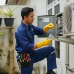 Teknisi AC memperbaiki kerusakan pada unit AC.